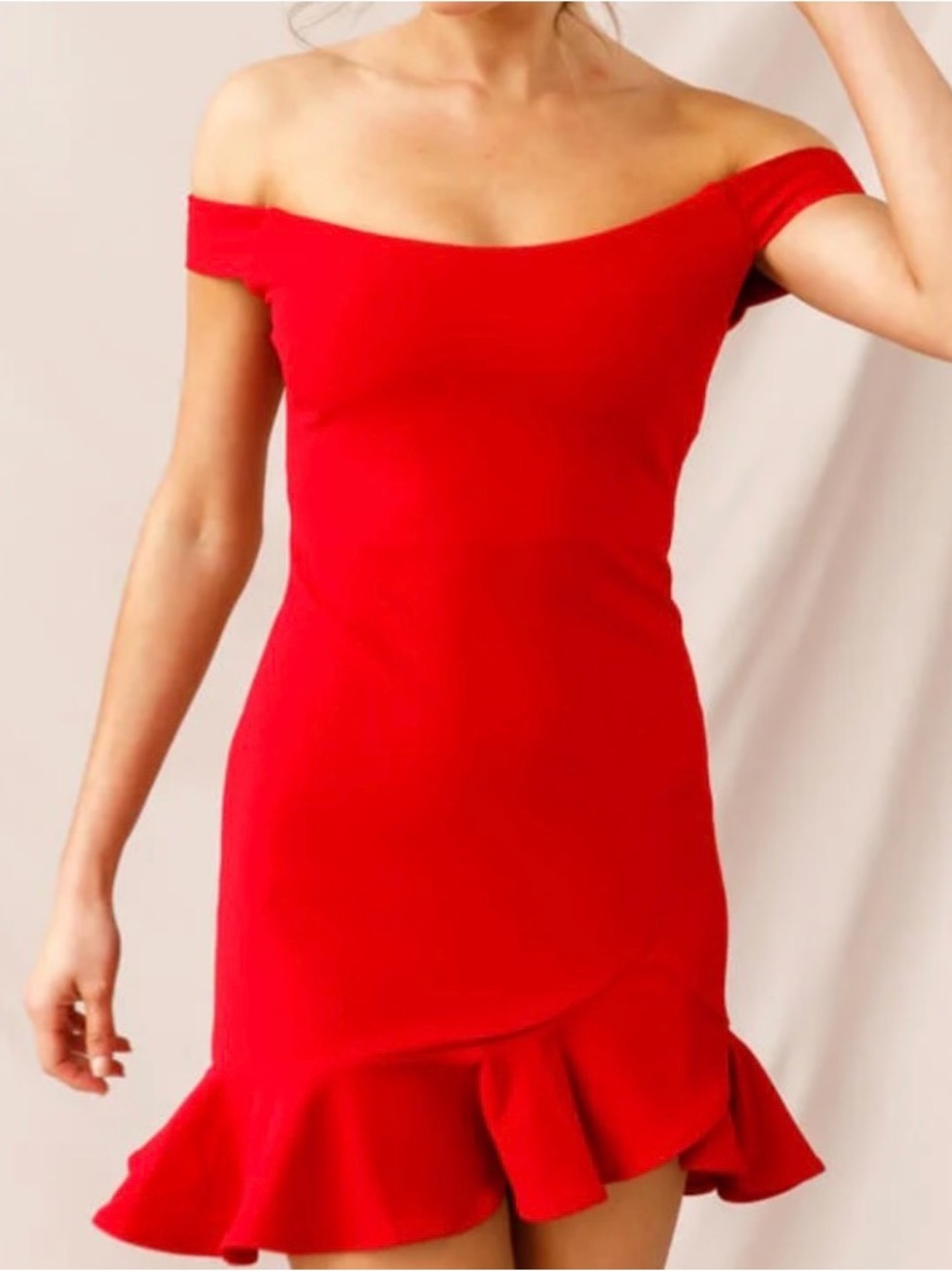 Selfie Leslie Off-Shoulder Red Ruffle Hem Dress Brigitte Mini Dress‎ Red XS